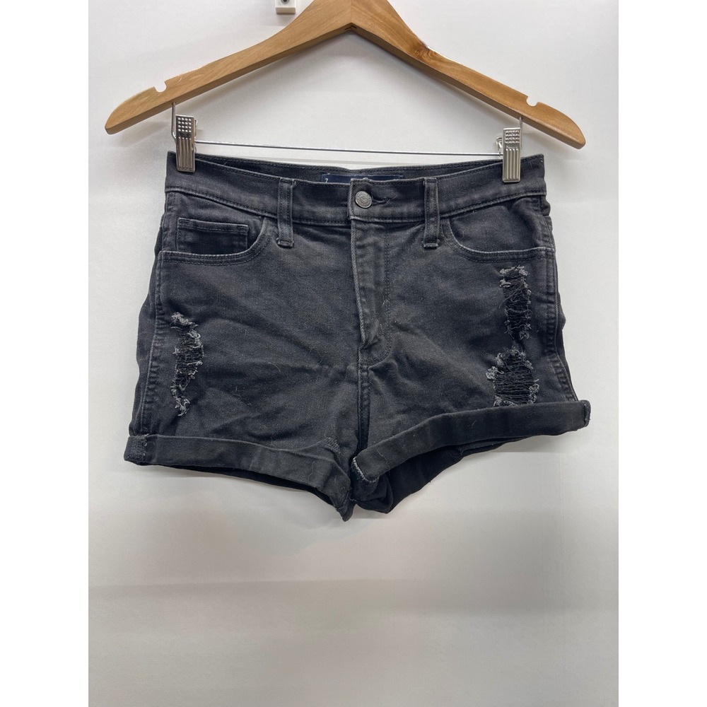 Hollister High-Rise Distressed Black Denim Shorts Size 7 W28 3" Inseam stretch